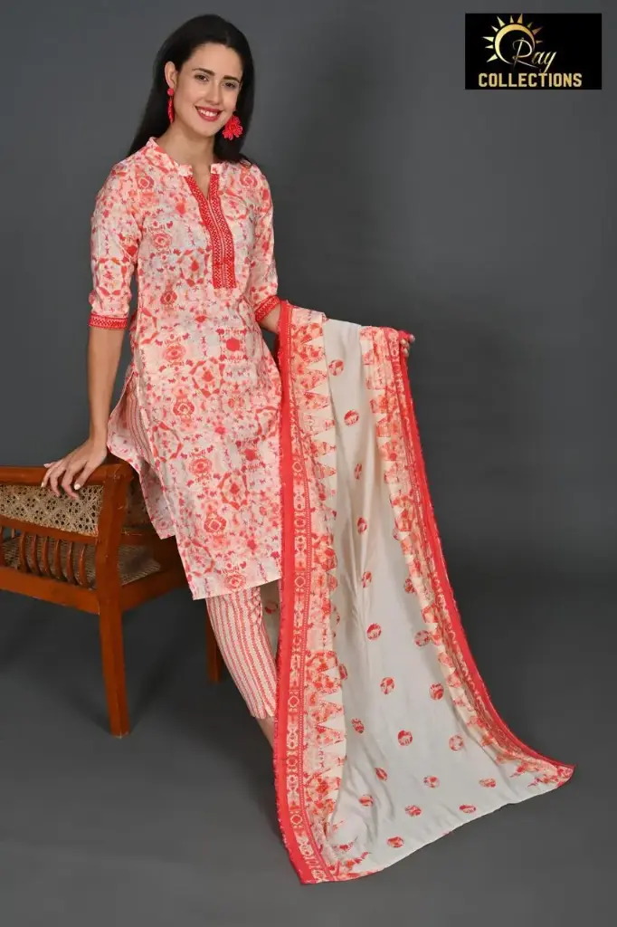 Muslin silk Duppatta sets white with orange (S-38)