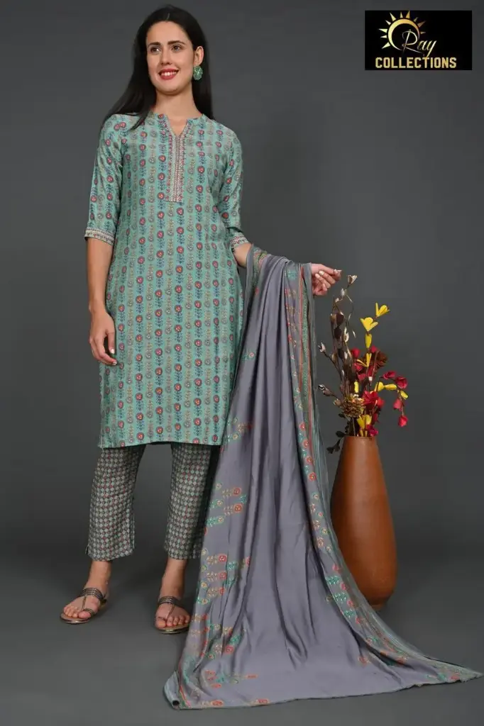 Muslin silk Duppatta sets Light green with grey  (S-38)