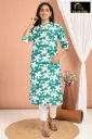Collar Neck Kurtis Dark Greenish Blue, White Flowers