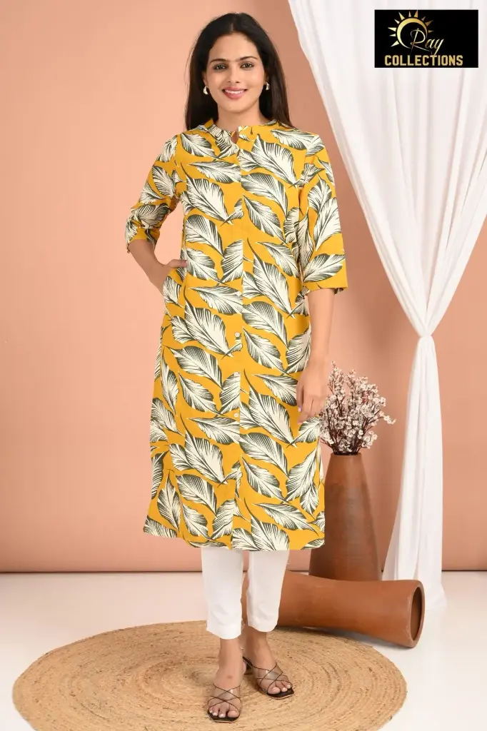 Collar Neck Kurtis Yellow, Cream Black leaves (S-38)