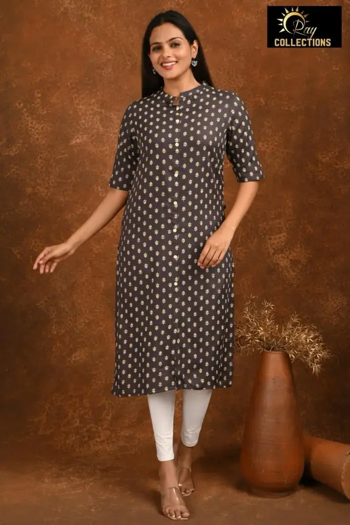 Collar Neck Kurtis Gray, Gold Dots
