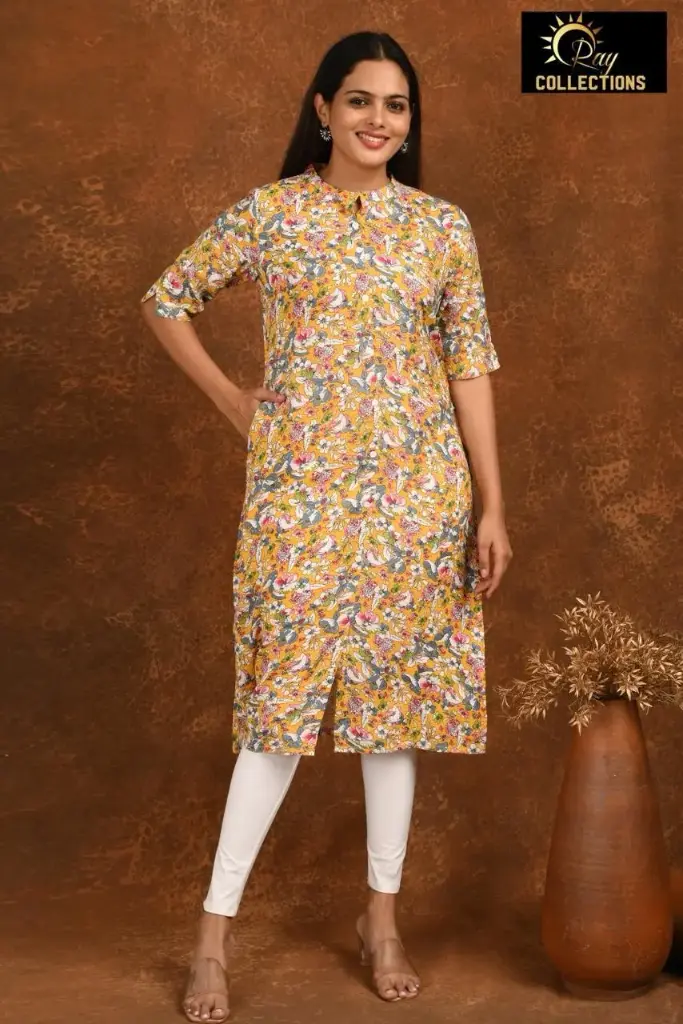 Collar Neck Kurtis Orange, Multi color flowers