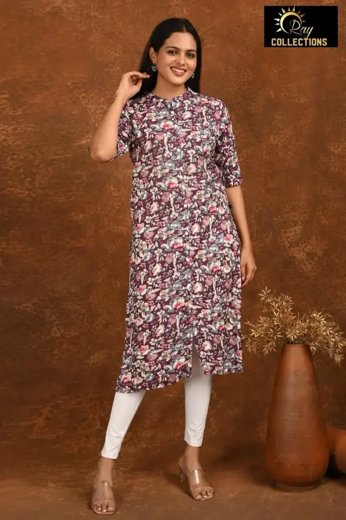 Collar Neck Kurtis Purple, Multi color flowers