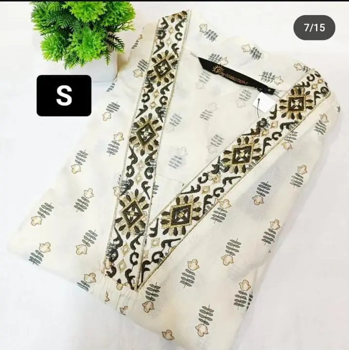Collar Neck Kurtis Cream, Green leaves/Flowers
