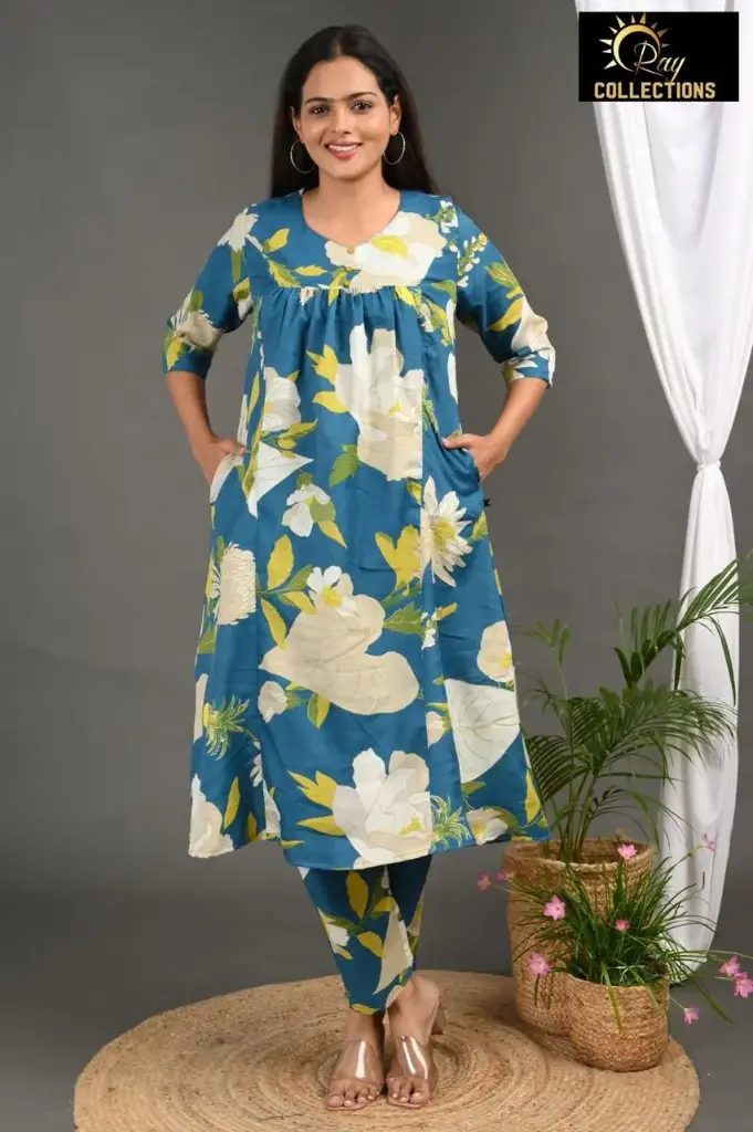 ALINE CORDSETS Greenish Blue, Cream-Green Leaves (S-38)