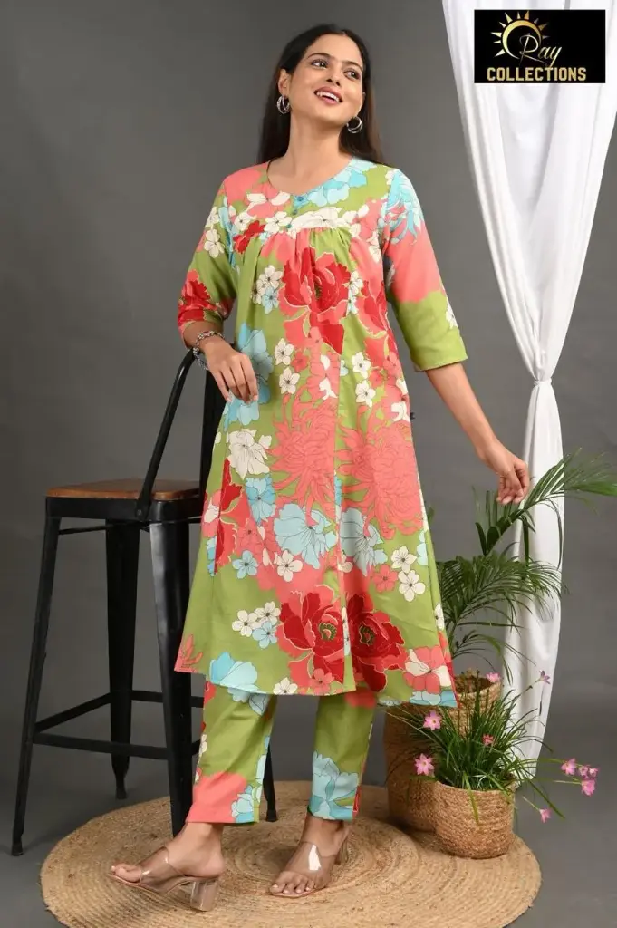 ALINE CORDSETS Green, Pink-Blue-Cream Flower (S-38)