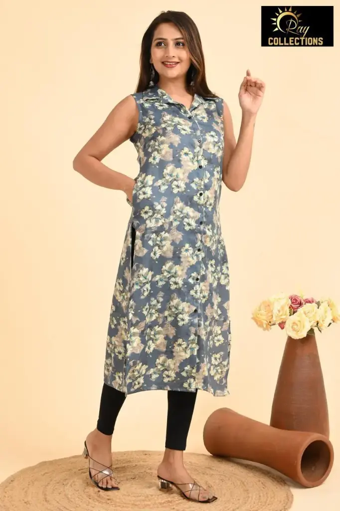 Collar Neck Kurtis Blue , Cream Flowers