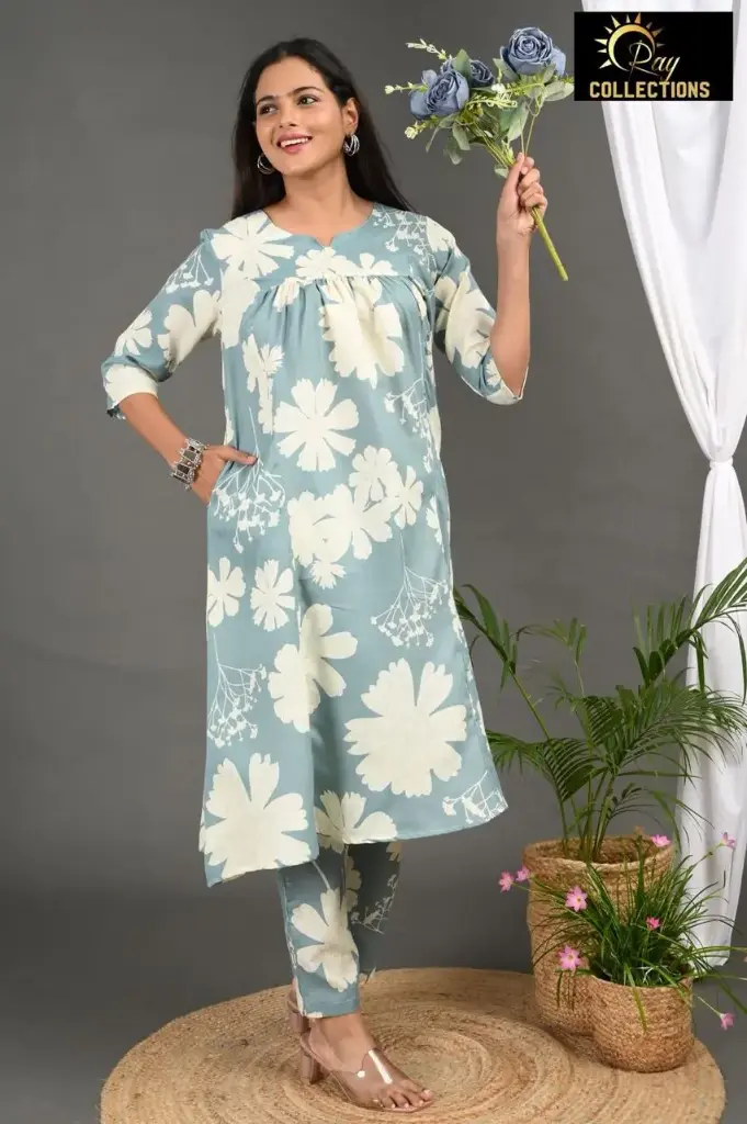 ALINE CORDSETS Grayish Blue, White Flower (S-38)