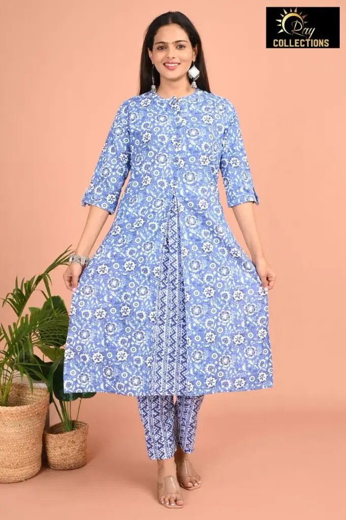 Cotton Kurti Set Pastel Blue, White Flowers (S-38)