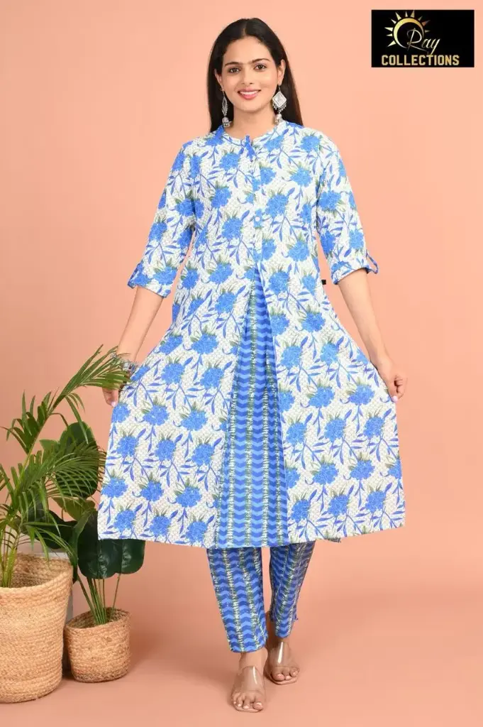 Cotton Kurti Set White, Pastel Blue Flowers (S-38)
