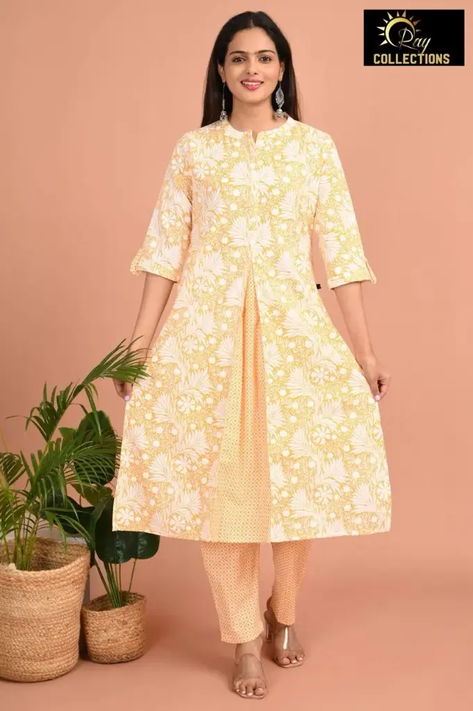 Cotton Kurti Set Light orange , Cream leaves (S-38)