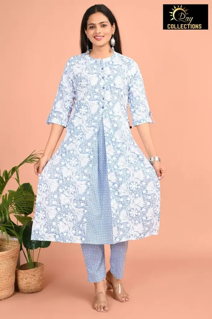 Cotton Kurti Set Pastel Blue, White Flowers 2 (S-38)