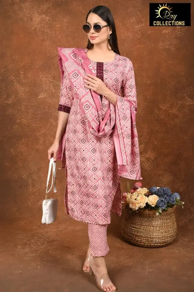 Rayon Foil Duppatta sets Peach with White Patterns