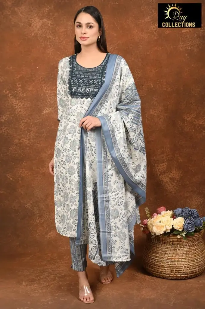 Rayon Foil Duppatta sets Grey with Silver Flowers