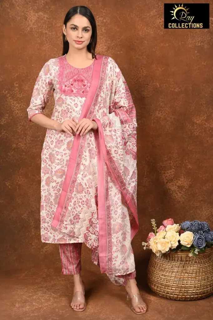 Rayon Foil Duppatta sets Cream with Peach Flowers (S-38)