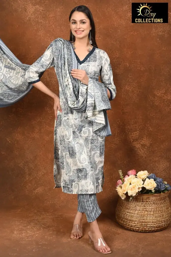 Rayon Foil Duppatta sets Cream with Gray Patterns (S-38)