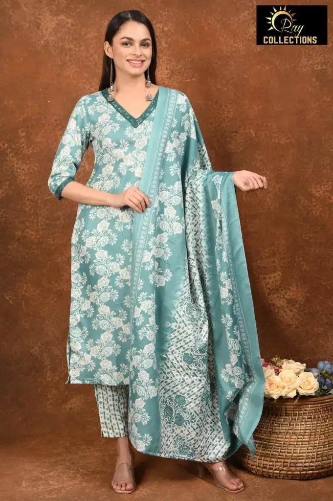 Rayon Foil Duppatta sets Greenish Blue with Cream Patterns