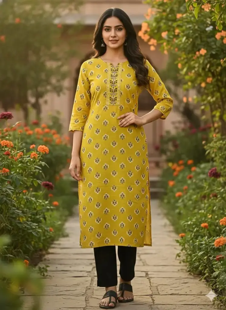 1500 Combo Kurtis Yellowish Green and Black, White Embroidery (S-38)