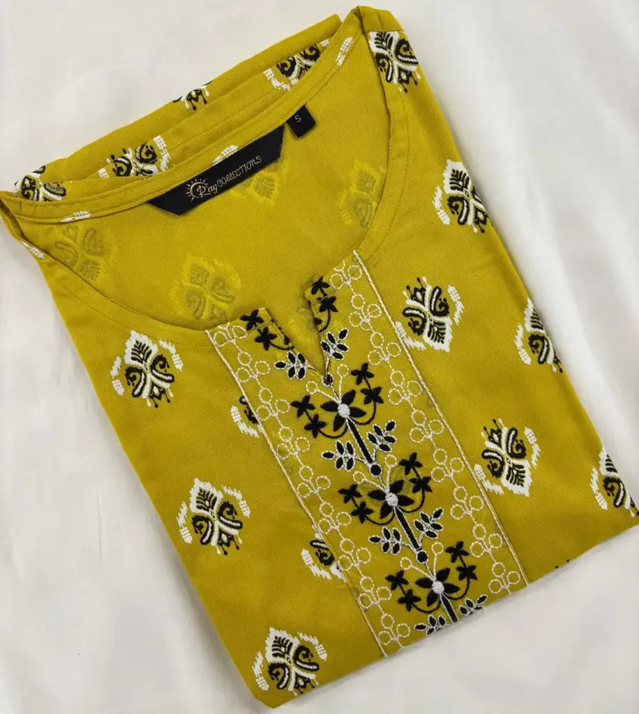 1500 Combo Kurtis Yellowish Green and Black, White Embroidery