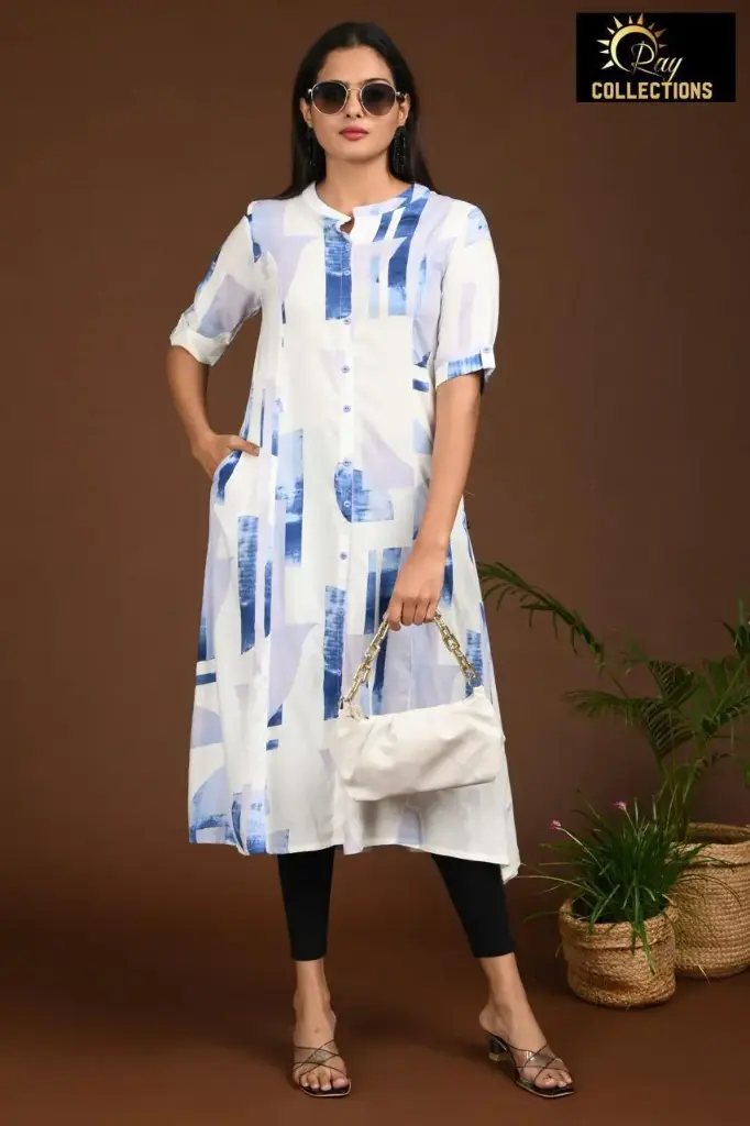 Combo Aline kurtis 2 @ 1060 White with Blue Shapes (S-38)