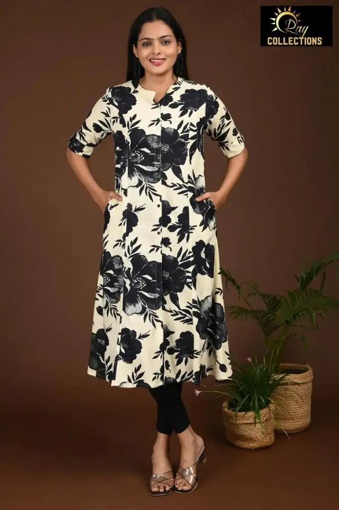 Combo Aline kurtis 2 @ 1060 Cream with Black Flowers (S-38)