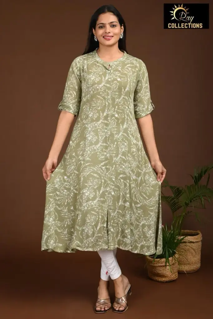 Combo Aline kurtis 2 @ 1060 Olive Green, Silver Flowers  (S-38)