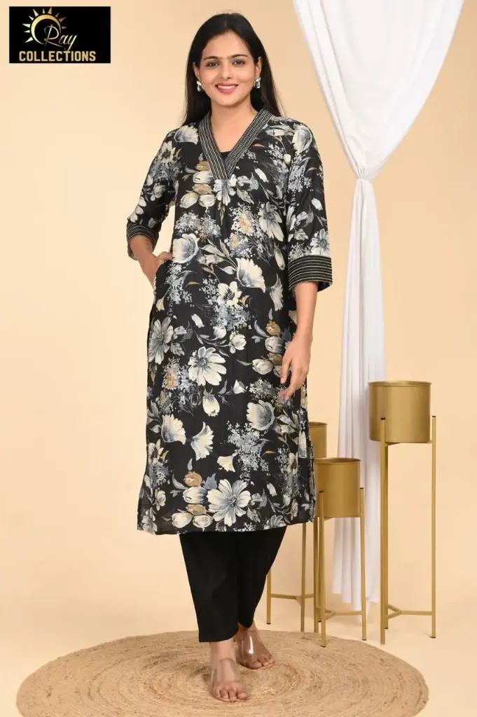 Vatican kurti set Black with White flowers