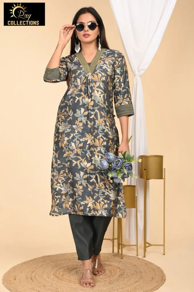 Vatican kurti set Gray with Gray Flowers