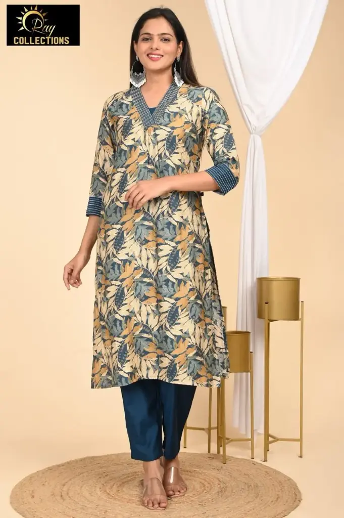 Vatican kurti set Orange, Cream and Blue Leaves