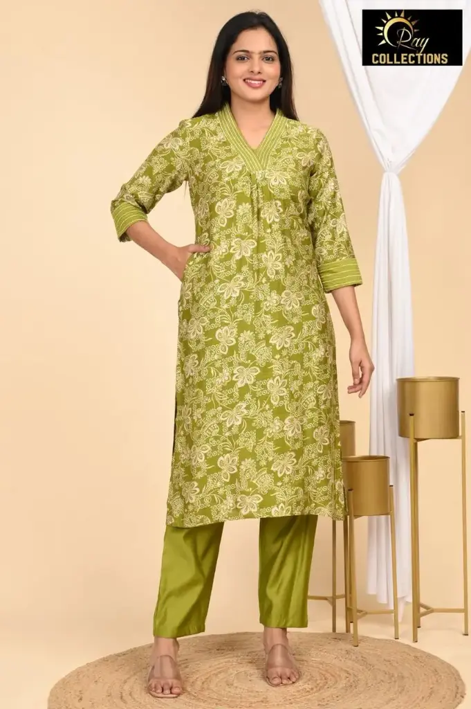 Vatican kurtiset Parrot Green with White Flowers