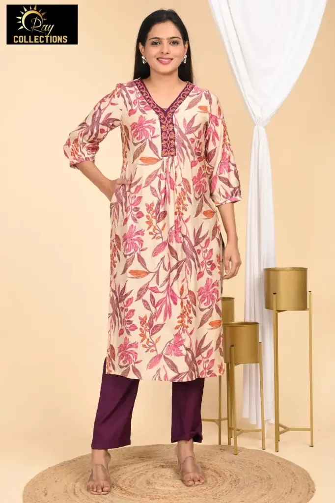 Chanderi Set Cream with Pink Leaves