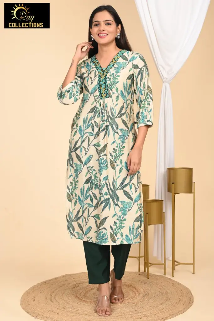 Chanderi Set Cream with Green Leaves (S-38)