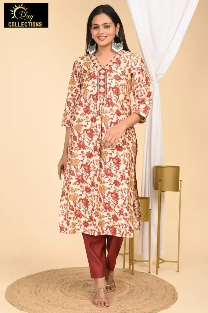 Chanderi Set Cream with Brown Leaves (S-38)