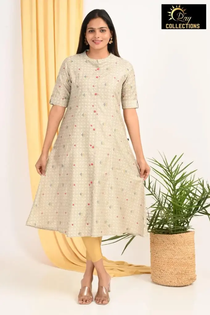 Combo Aline kurtis 2 @ 1060 Cream with Gold Patterns (S-38)