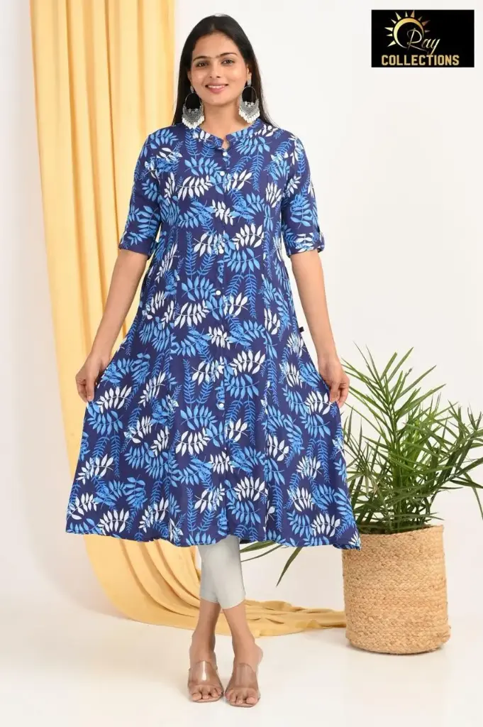 Combo Aline kurtis 2 @ 1060 Navy blue with Blue, white Leaves (S-38)