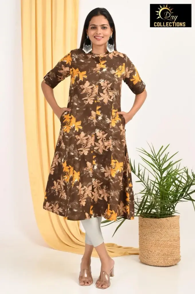 Combo Aline kurtis 2 @ 1060 Brown with Orange Flowers