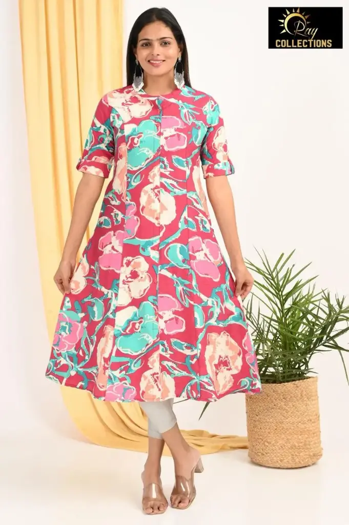 Combo Aline kurtis 2 @ 1060 Rose with Pink, Blue, Cream Flowers (S-38)