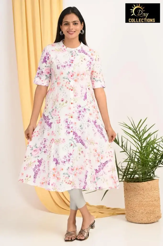 Combo Aline kurtis 2 @ 1200 White with Purple/Pink flowers