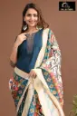 Partywear Duppatta kurta sets Muted blue with Cream Birds Design