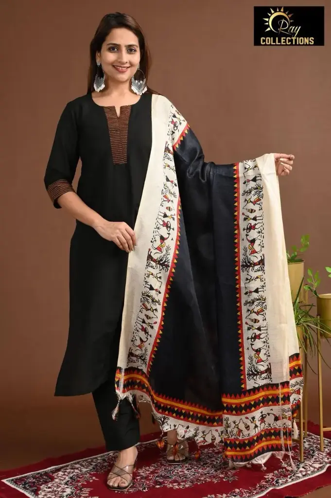 Partywear Duppatta kurta sets Black with Cream Design