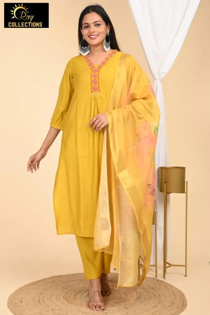 Partywear Duppatta kurta sets Yellow with Pink Blue Flowers (S-38)