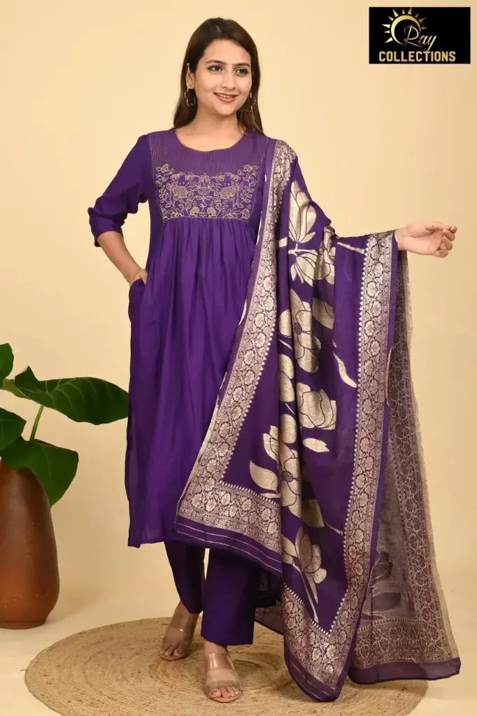 Partywear Duppatta kurta sets Purple with Gold Flowers