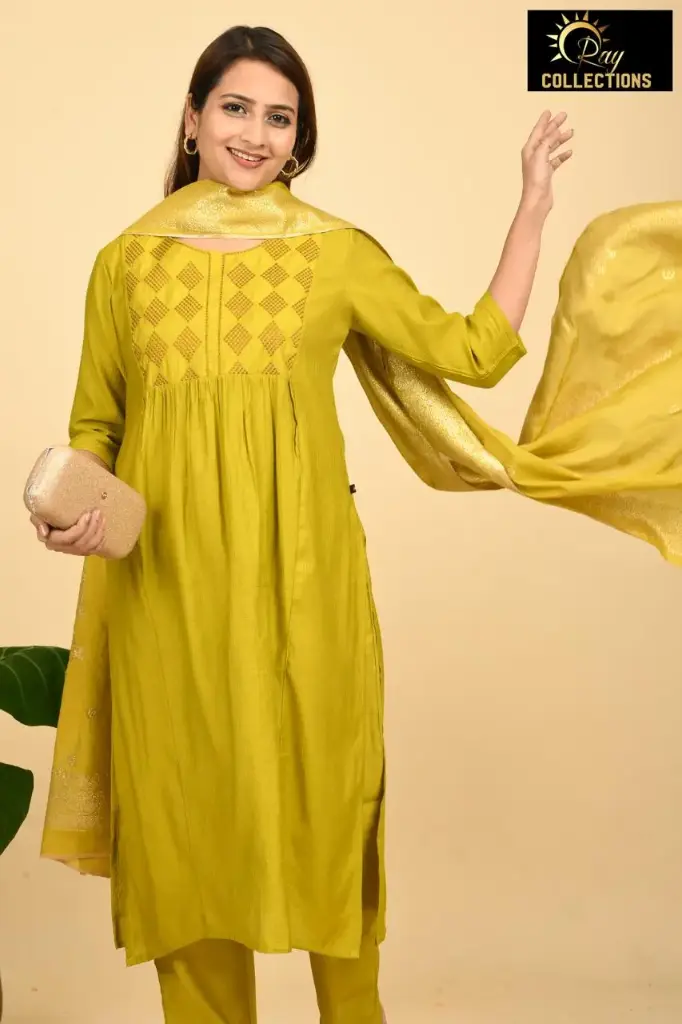 Partywear Duppatta kurta sets Greenish Yellow with Gold Design