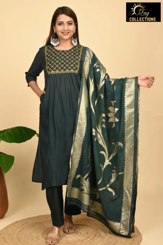 Partywear Duppatta kurta sets Dark Green with Gold Design