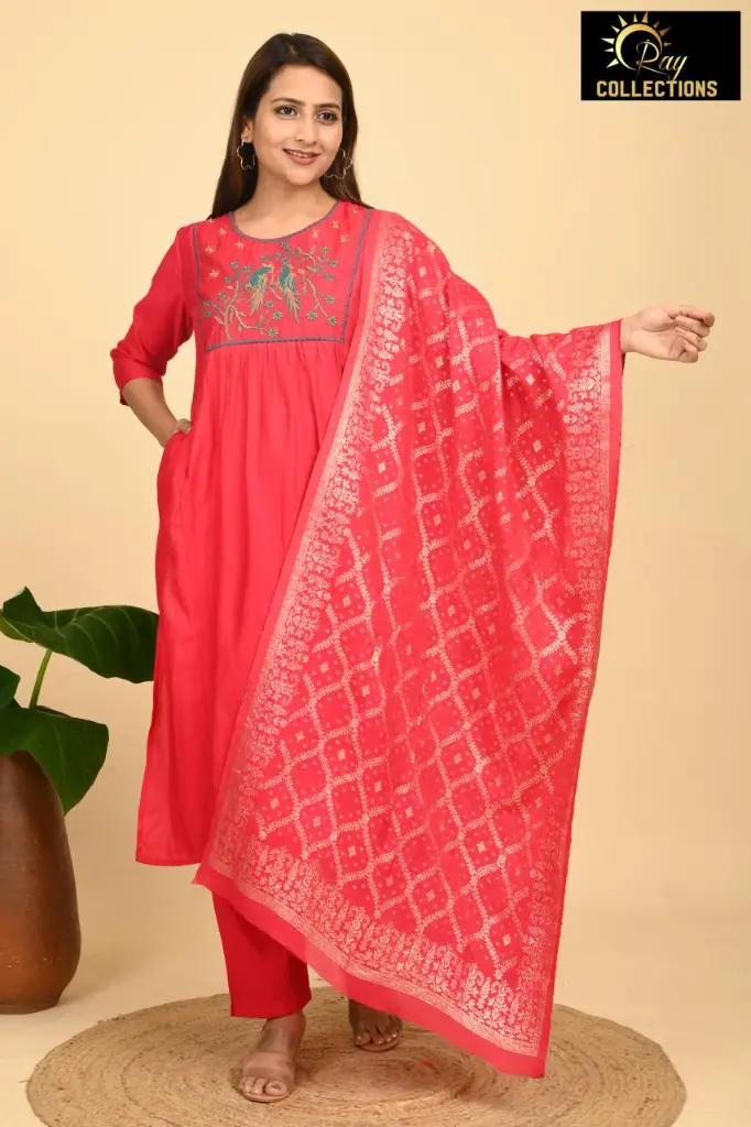 Partywear Duppatta kurta sets Red Pink with Gold Design
