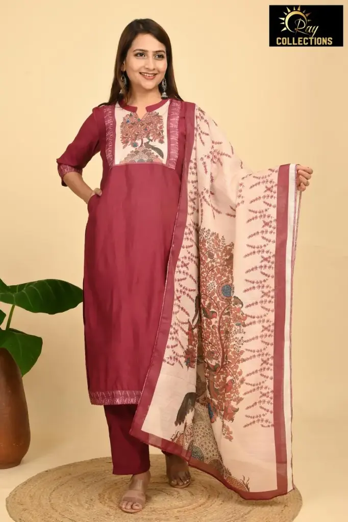 Partywear Duppatta kurta Brown with Cream, Tree Design (S-38)