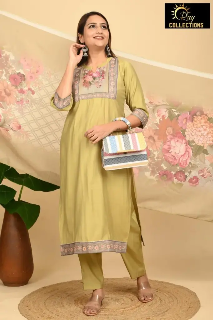 Partywear Duppatta kurta Yellowish Green with Rose Flowers