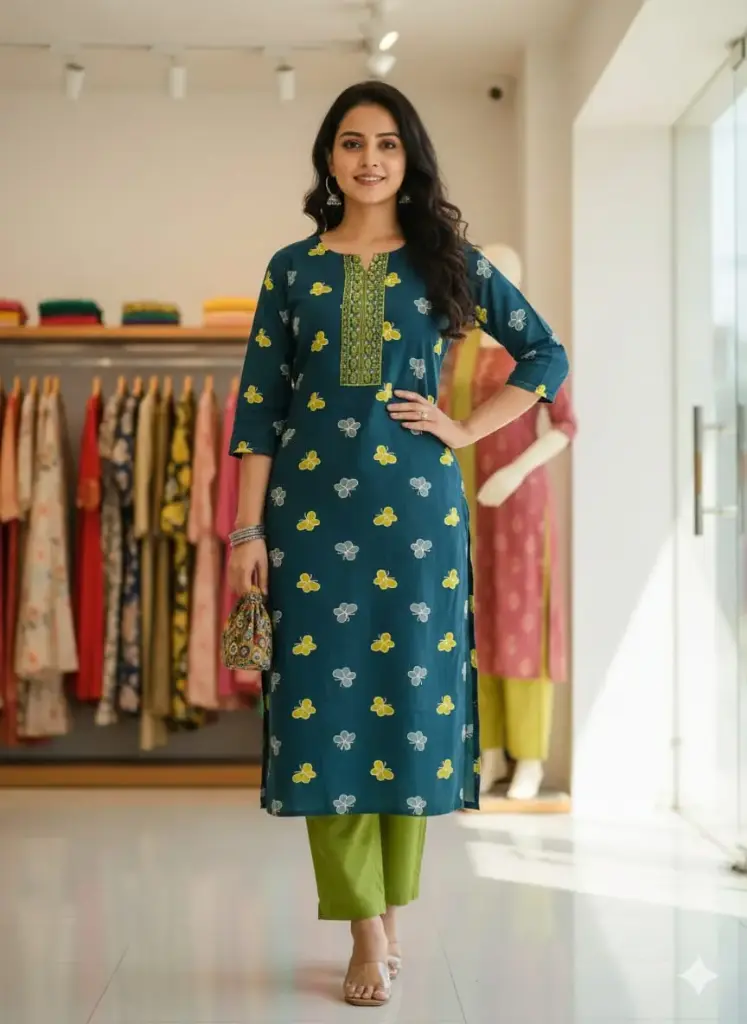 Emb Office & college wear kurtis Dark blue Butterfly  (S-38)