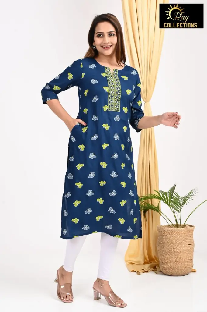 Emb Office & college wear kurtis Dark blue Butterfly 