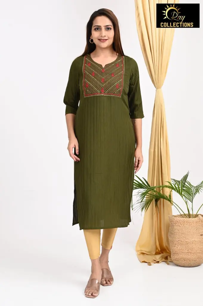 Emb Office & college wear kurtis Olive Green (S-38)
